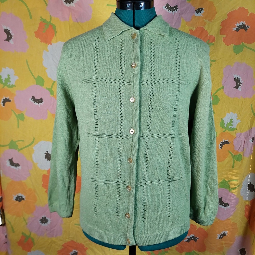 Vintage Sportempos Green Pointelle Knit Cardigan Sweater 60s 70s Small